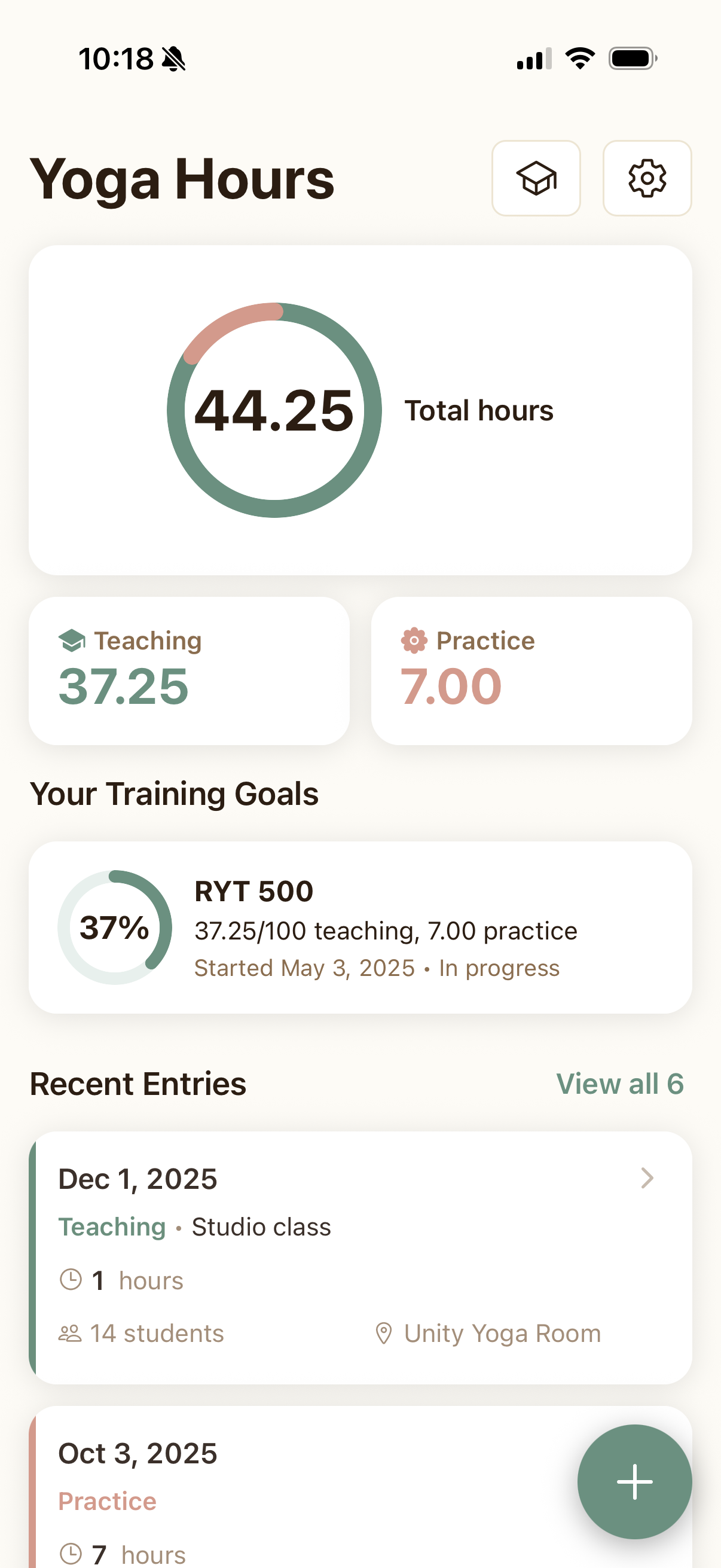 Yoga Hours mobile app interface
